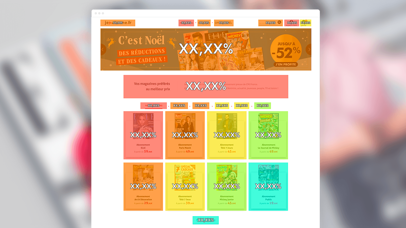 Capture d'écran présentant un zoning des clics sur la page d'accueil du site jemabonne